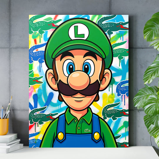 Pop art obraz na plátně s karikaturou muže v zeleném kšiltu a graffiti krokodýly v pracovním koutě