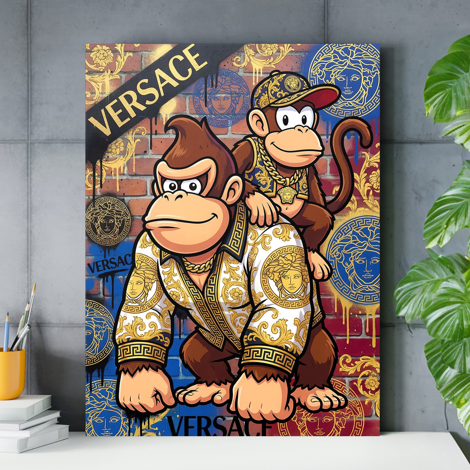 Moderní pop art obraz na zeď s motivačními opicemi v graffiti stylu na cihlové zdi