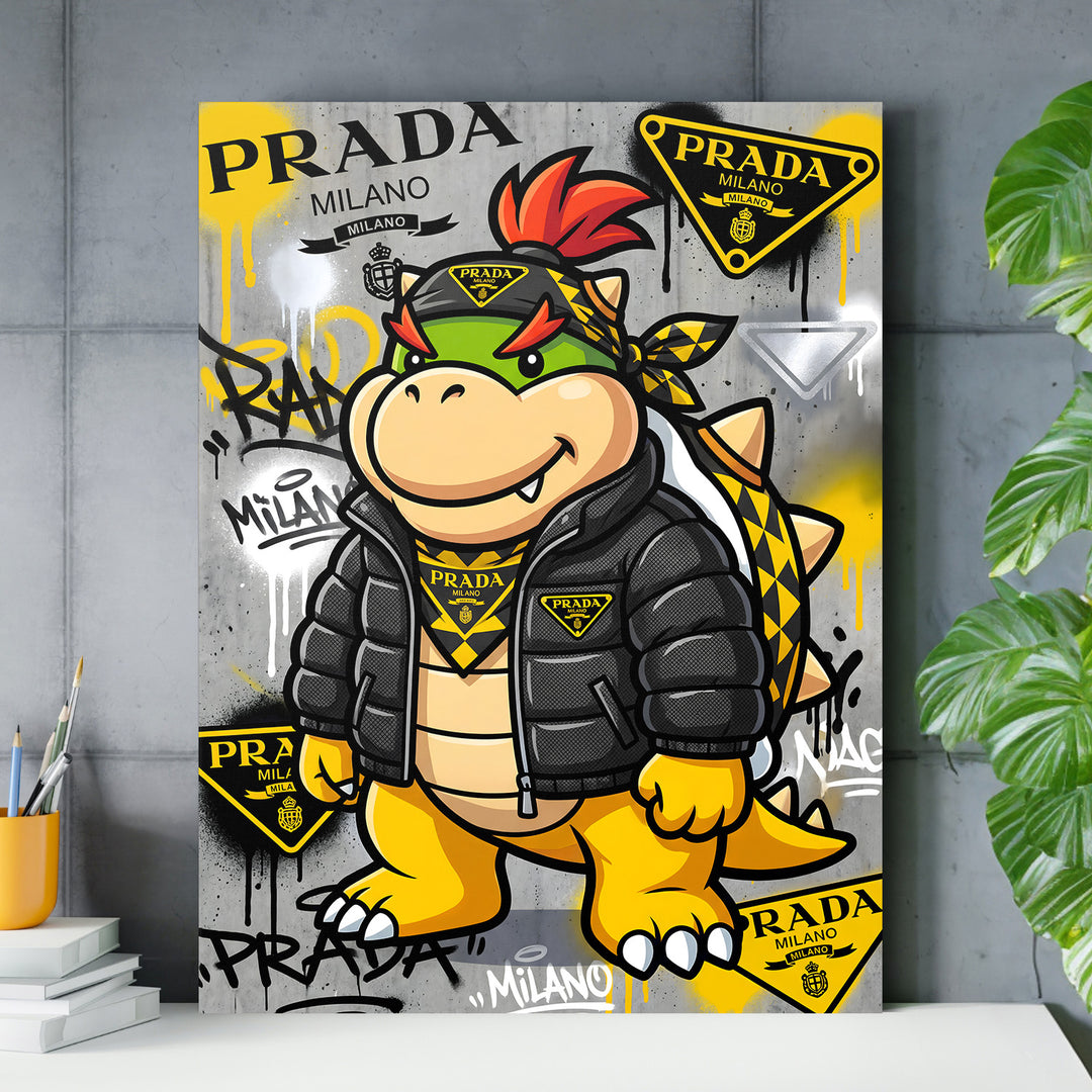 Motivační obraz na plátně, graffiti pop art želví gangster v luxusní bundě na šedé zdi, street art lifestyle