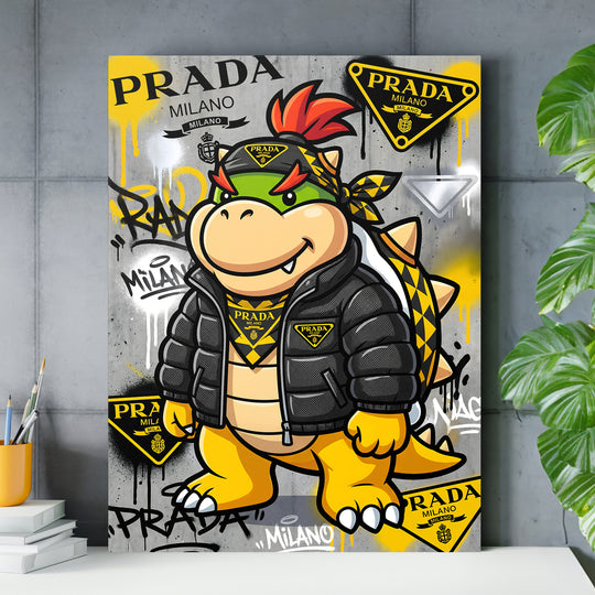 Motivační obraz na plátně, graffiti pop art želví gangster v luxusní bundě na šedé zdi, street art lifestyle