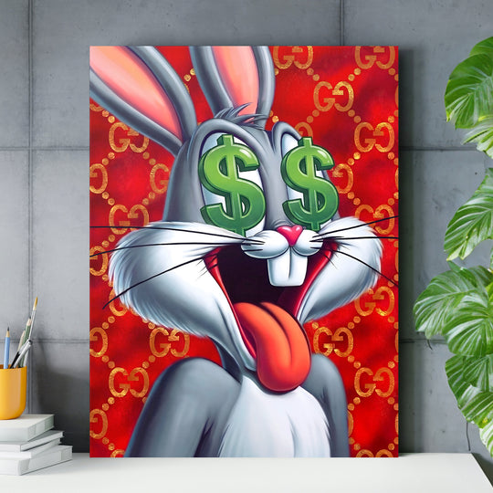 Luxusní obraz na plátně do kanceláře, pop art králík s dolarovými znaky v očích na červeném vzoru