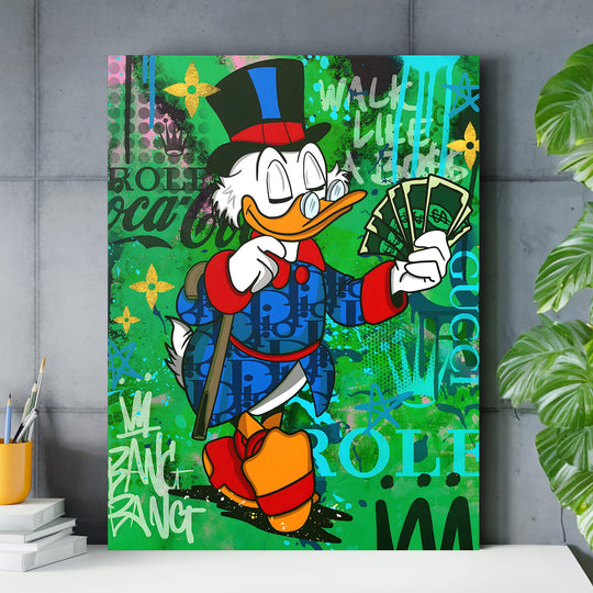 Motivační pop art obraz na plátně s komiksovým kačerem v cylindru a dolarovými bankovkami na zeleném graffiti pozadí