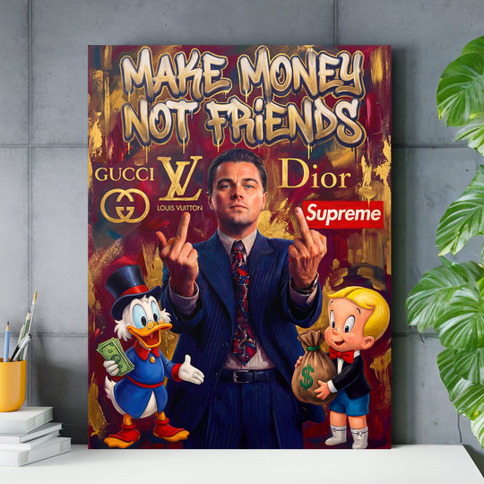 Motivační obraz na zeď s graffiti penězi a postavami Wolf of Wall Street, Scrooge McDuck a Richie Rich
