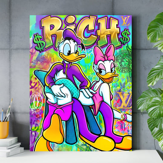Pop art obraz Donald a Daisy Duck s graffiti a luxusními symboly jako motivační obraz na zeď