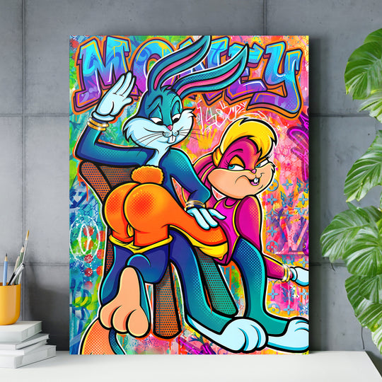 Pop art obraz na zeď s komiksovými králíky v graffiti stylu v industriálním loft interiéru