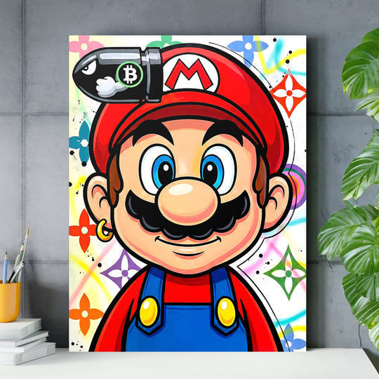 Motivační obraz na plátně do kanceláře s pop art hrdinou, Bitcoin Bullet a luxusním LV monogramem