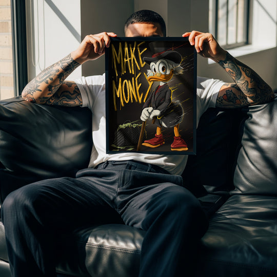 Motivační pop art obraz na plátně s Kačerem Skrblíkem, street art motiv peněz a bohatství