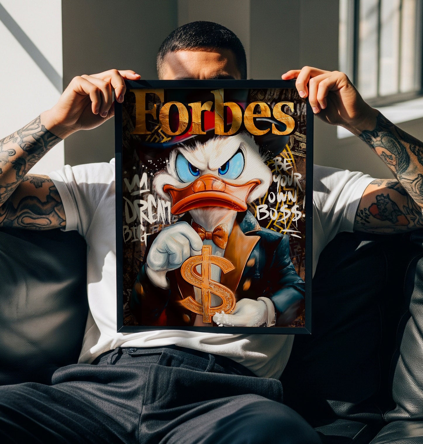 Luxusní motivační obraz na plátně s pop art Kačerem Skrblíkem, zlatým dolarovým znakem a logem Forbes