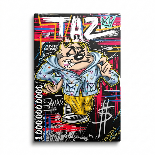 Pop art obraz na plátně s Tasmanským čertem, graffiti tahy, dolarovým symbolem a street art motivem