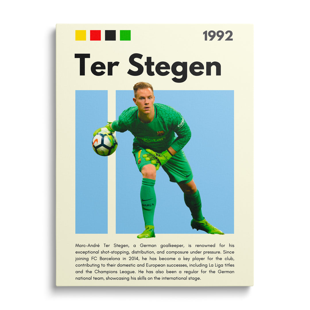 Motivační obraz na plátně s fotbalovým brankářem v zeleném dresu chytajícím míč na modrém pozadí