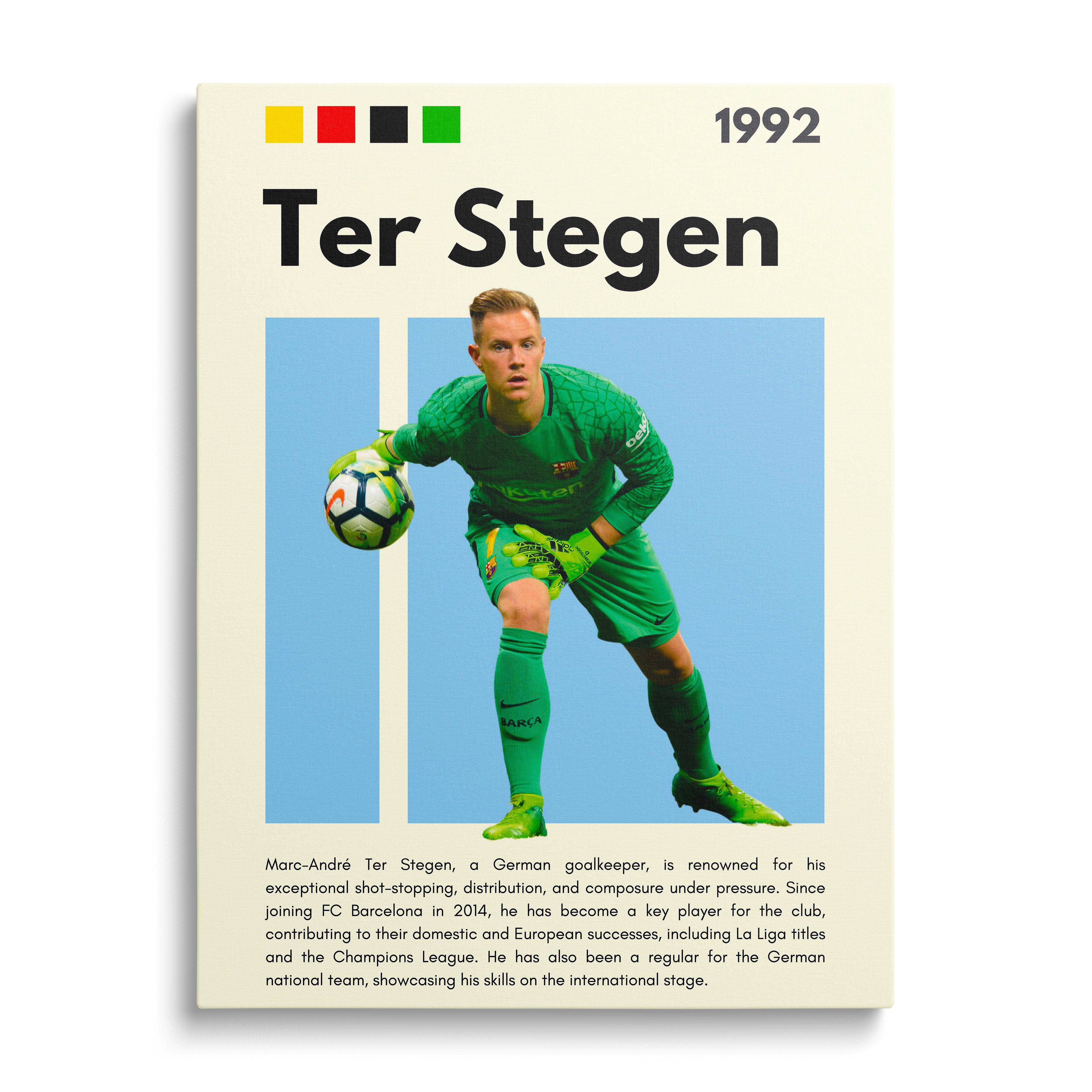 Motivační obraz na plátně s fotbalovým brankářem v zeleném dresu chytajícím míč na modrém pozadí