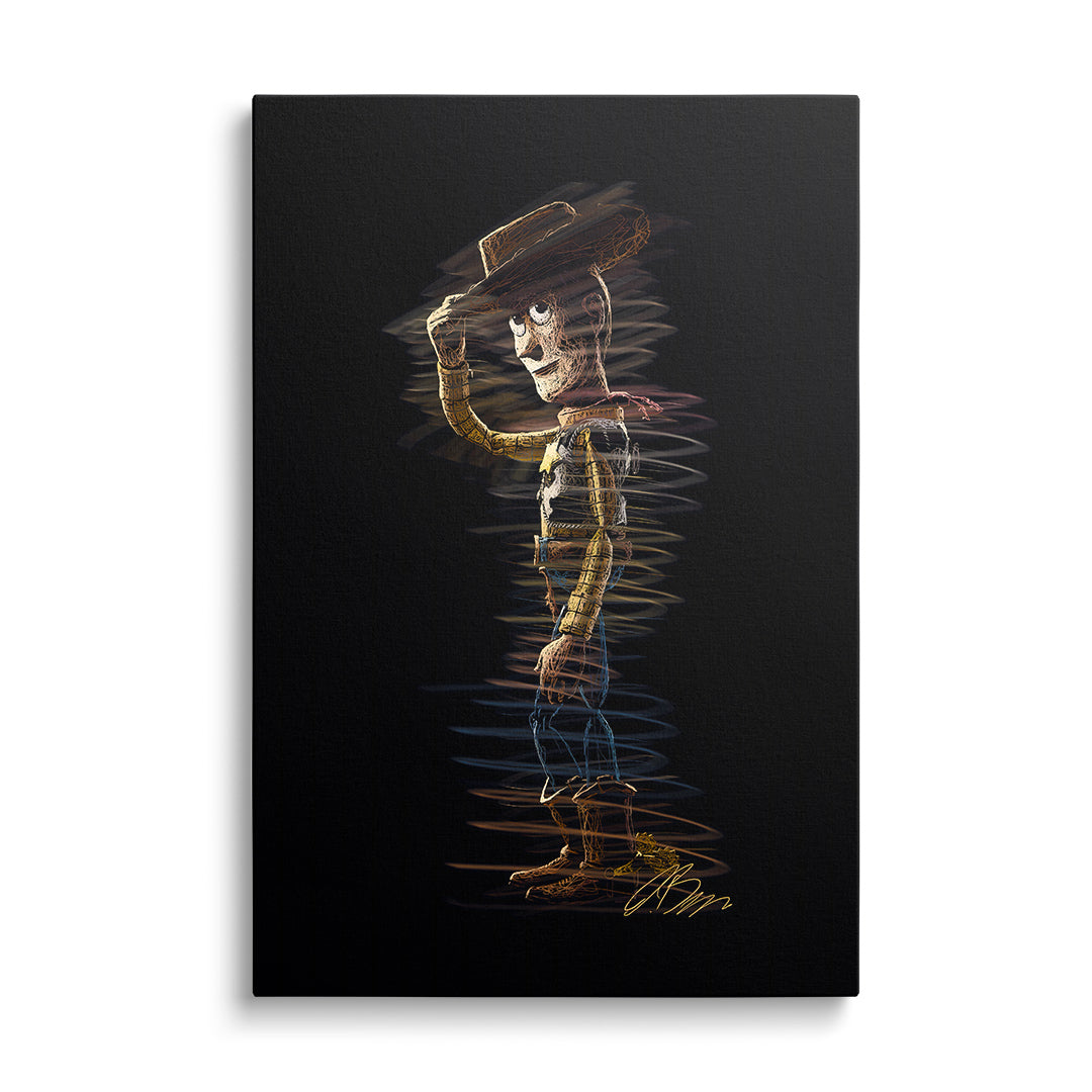 Pop art obraz na plátně s neonovým kovbojem ve stylu čmáranic na černém pozadí, čelní pohled