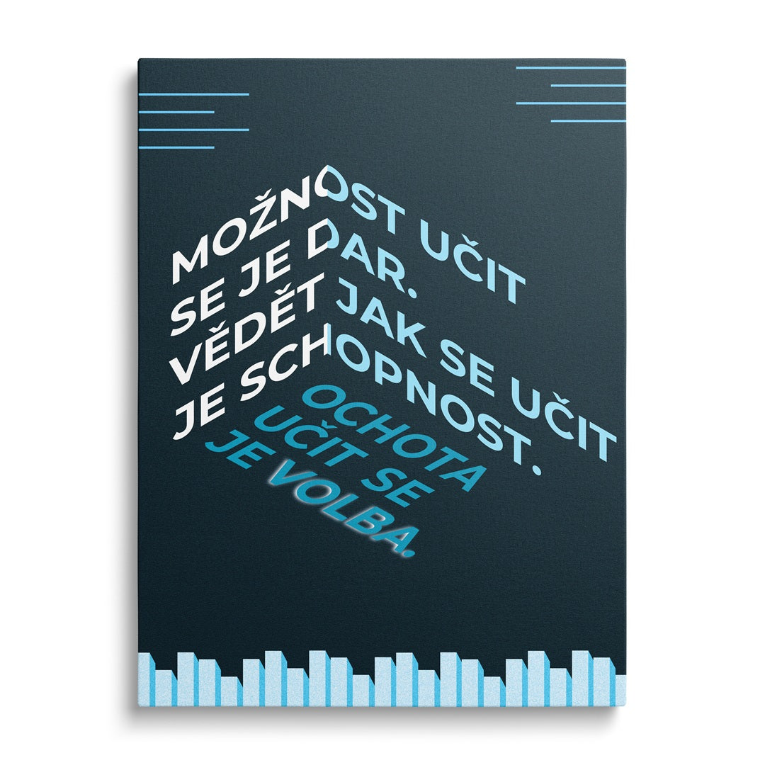 Motivační obraz na plátně zepředu s citátem o učení