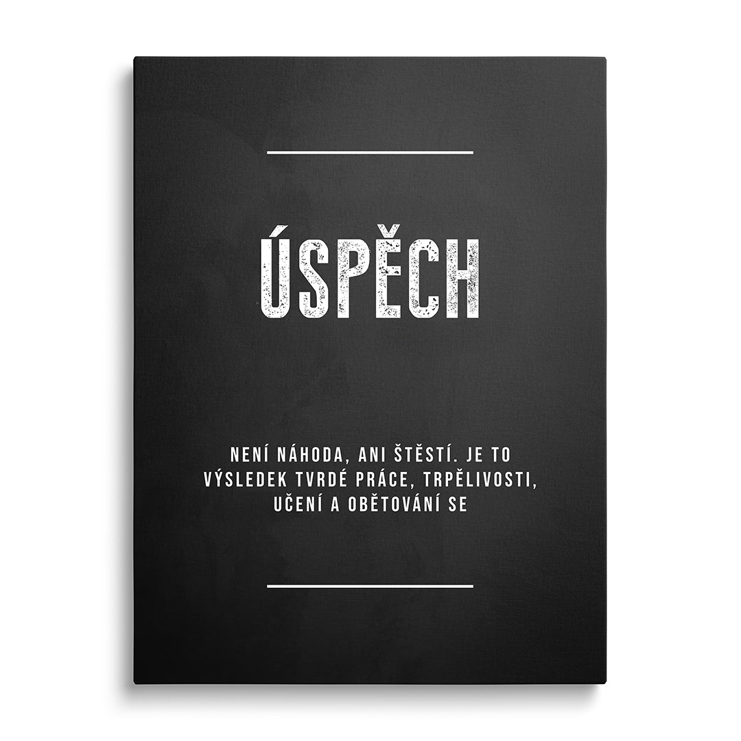 Motivační obraz na plátně s bílým citátem o úspěchu na černém pozadí