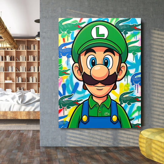 Motivační pop art obraz na plátně v ložnici, figurka inspirovaná Mariem a graffiti krokodýli, street art styl