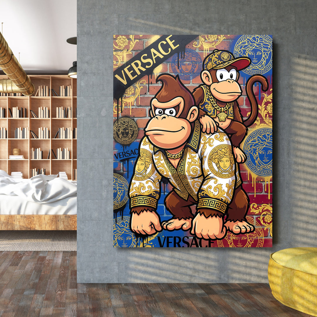 Motivační obraz na zeď s graffiti opicemi v luxusním Versace street art pop art stylu v moderní pracovně