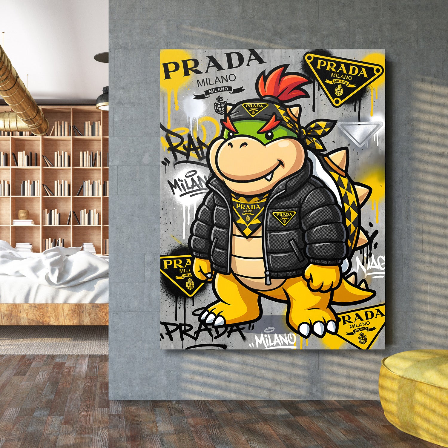 Motivační pop art obraz na zeď s graffiti dinosaurem a logy Prada v moderní ložnici, urban lifestyle