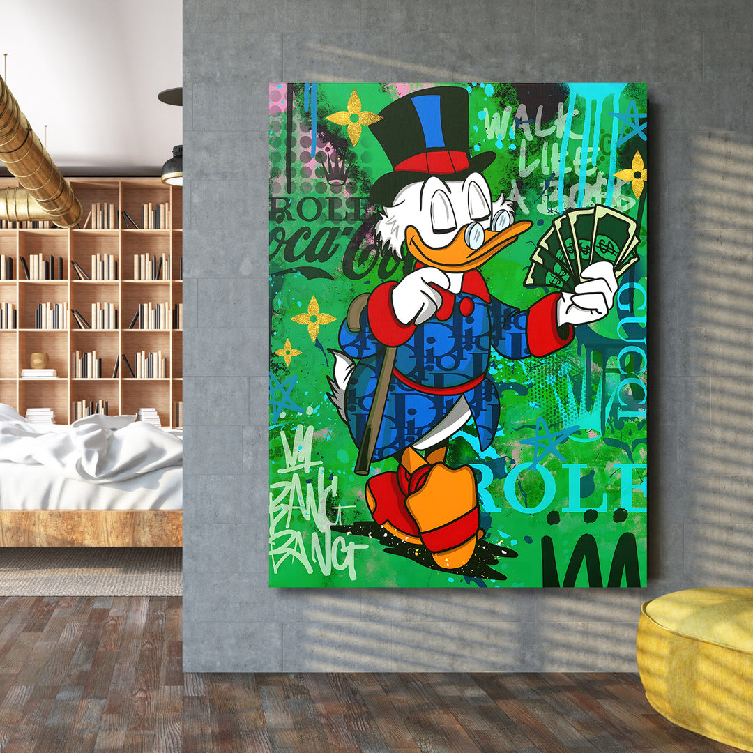 Pop art obraz na plátně s graffiti kačerem držícím peníze na zeleném pozadí, moderní motivační obraz na zeď