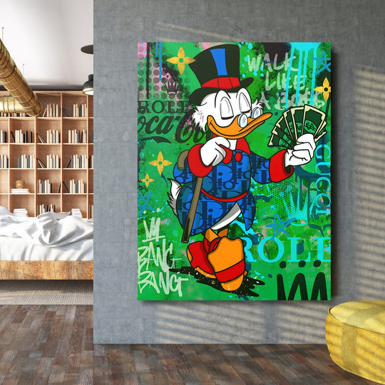 Pop art obraz na plátně s graffiti kačerem držícím peníze na zeleném pozadí, moderní motivační obraz na zeď