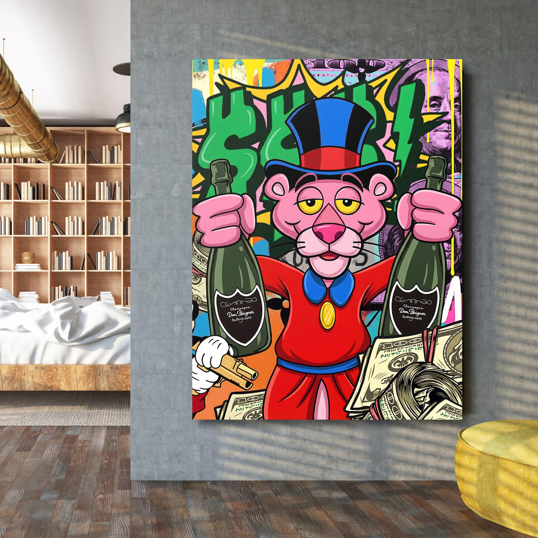 Pop art obraz na zeď do interiéru, růžový panter se šampaňským a dolarovým street art motivem