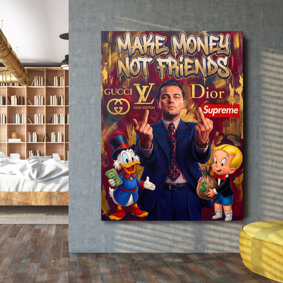 Motivační obraz na plátně s graffiti nápisem Make Money Not Friends, postavami a logy luxusních značek
