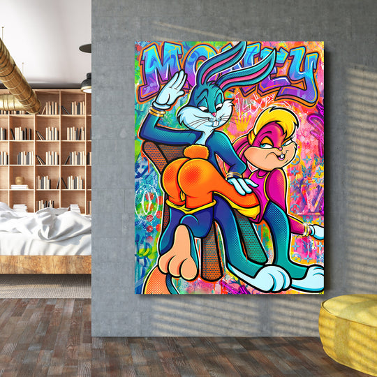 Pop art obraz na plátně s graffiti králíky a street art motivy v moderním interiéru