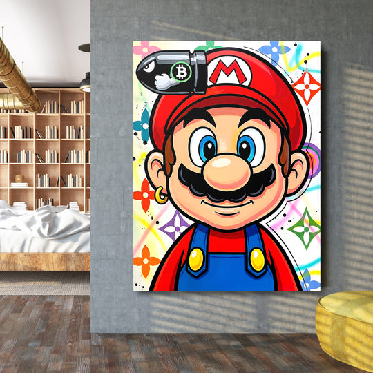 Pop art obraz Mario s bitcoinem, motivační obraz na zeď do industriální pracovny ve street art stylu