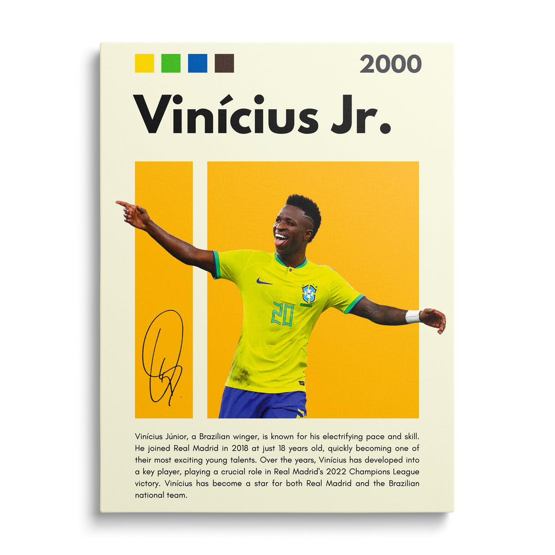 Motivační obraz na plátně s fotbalistou v brazilském dresu slavícím gól na výrazném oranžovém pozadí