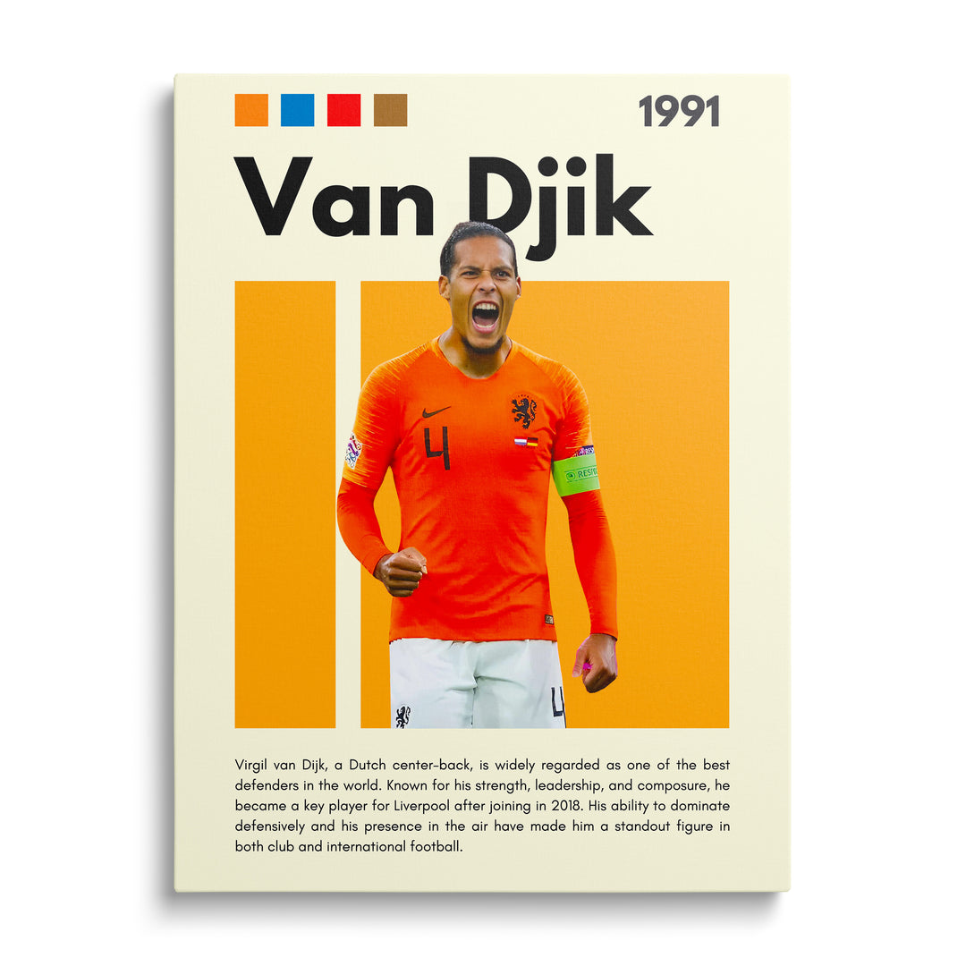 Motivační obraz na plátně s fotbalistou v oranžovém dresu a moderním grafickým motivem zepředu