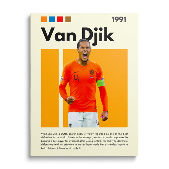 Motivační obraz na plátně s fotbalistou v oranžovém dresu a moderním grafickým motivem zepředu