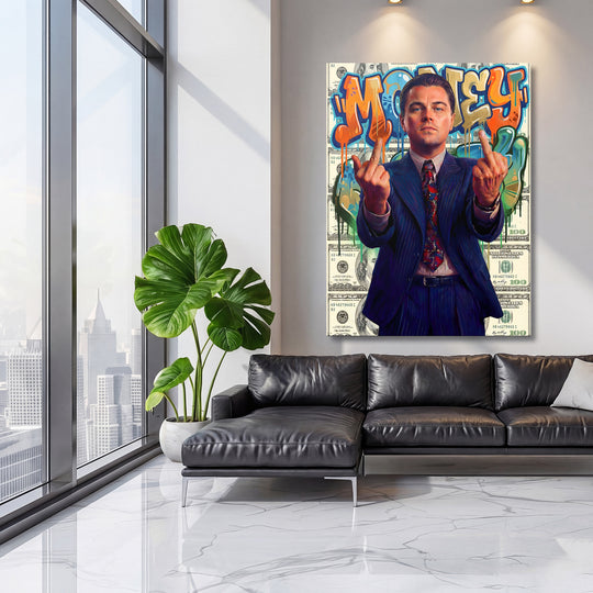 Pop art obraz Vlk z Wall Street s nápisem MONEY a dolary v luxusním obývacím pokoji