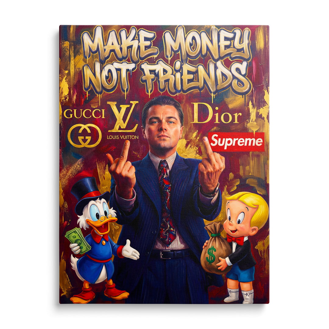Motivační obraz na zeď s pop art vlkem, nápisem Make Money Not Friends, motivem peněz a luxusu