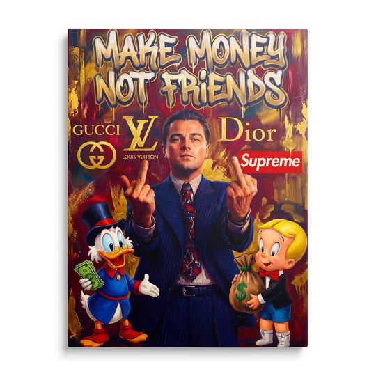 Motivační obraz na zeď s pop art vlkem, nápisem Make Money Not Friends, motivem peněz a luxusu