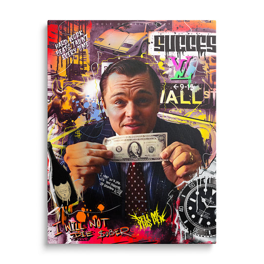 Motivační obraz Vlk z Wall Street – zepředu na zeď, s motivem peněz a hustle mindsetu.