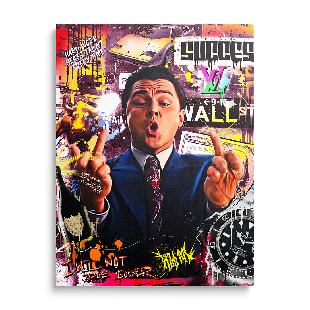 Motivační obraz Vlk z Wall Street – zepředu na zeď, s motivem Rolex a hustle mindsetu.