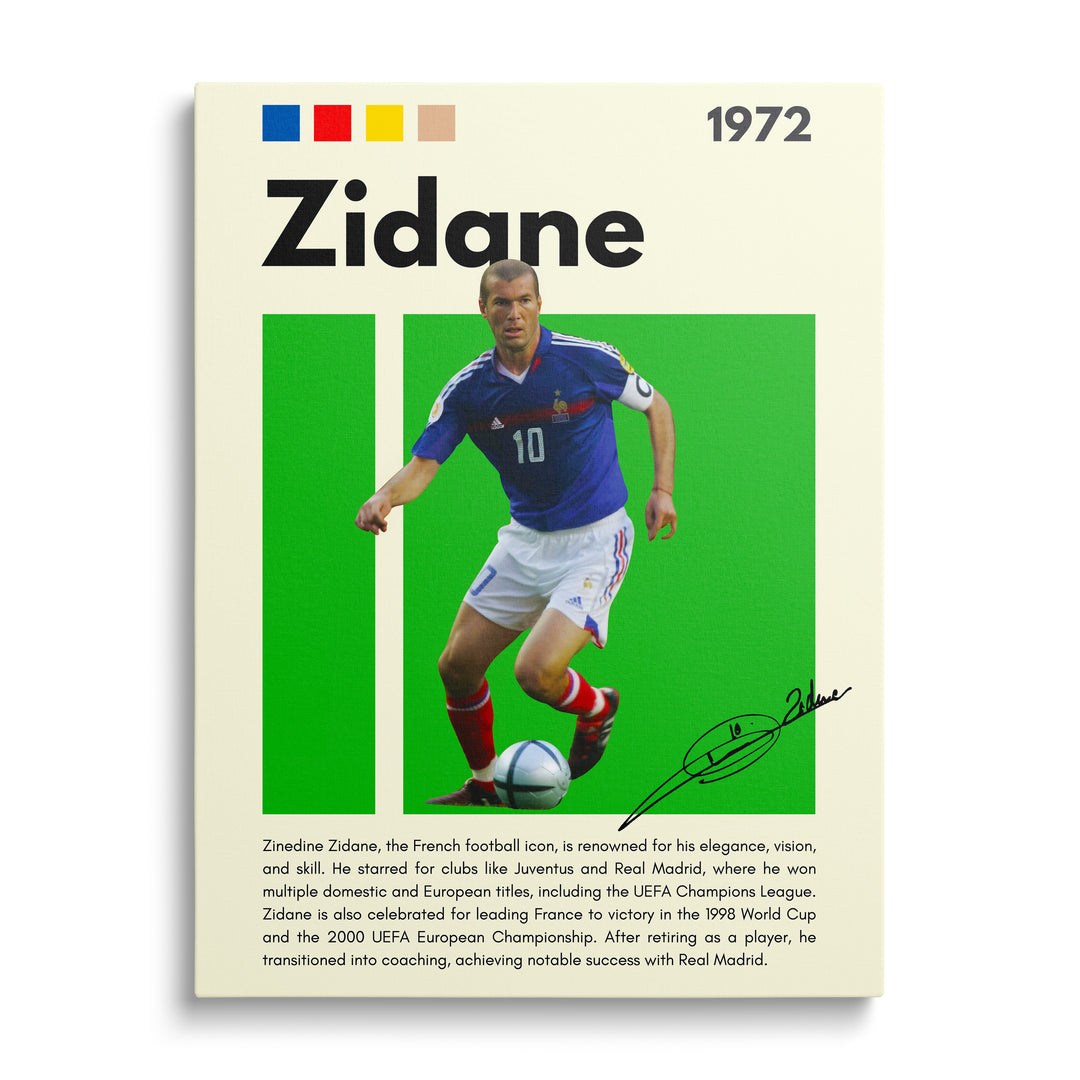 Pop art obraz na plátně: Zinedine Zidane v driblinku s míčem na zeleném pozadí