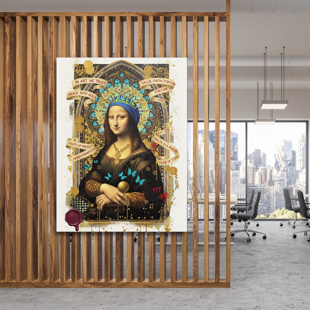 Pop art obraz Mona Lisa na dřevěné stěně