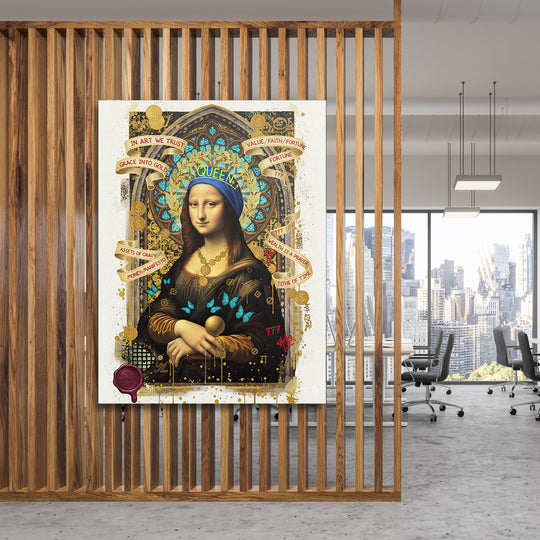 Pop art obraz Mona Lisa na dřevěné stěně