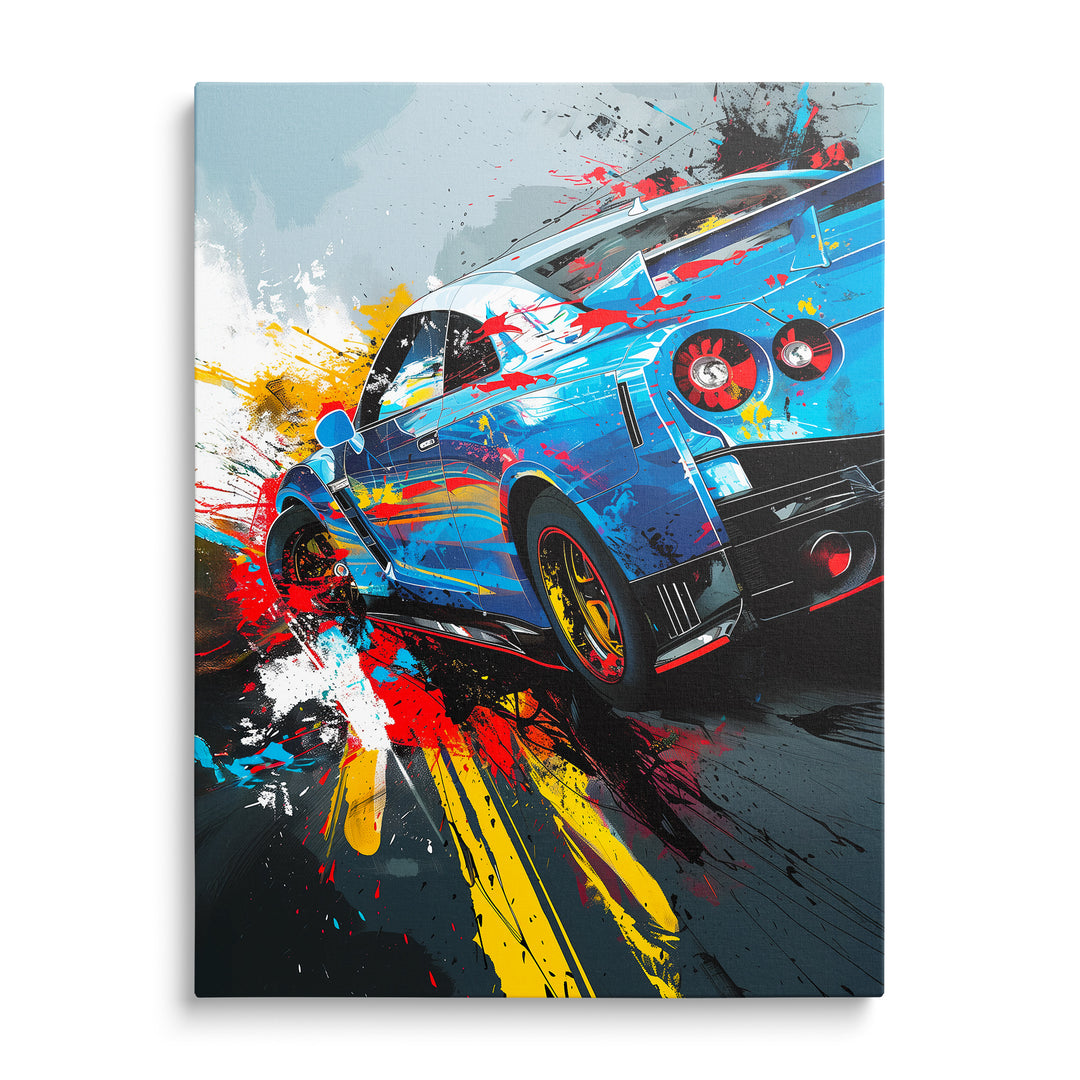 Modrý Nissan Skyline zezadu mezi žlutými, červenými a bílými cákanci