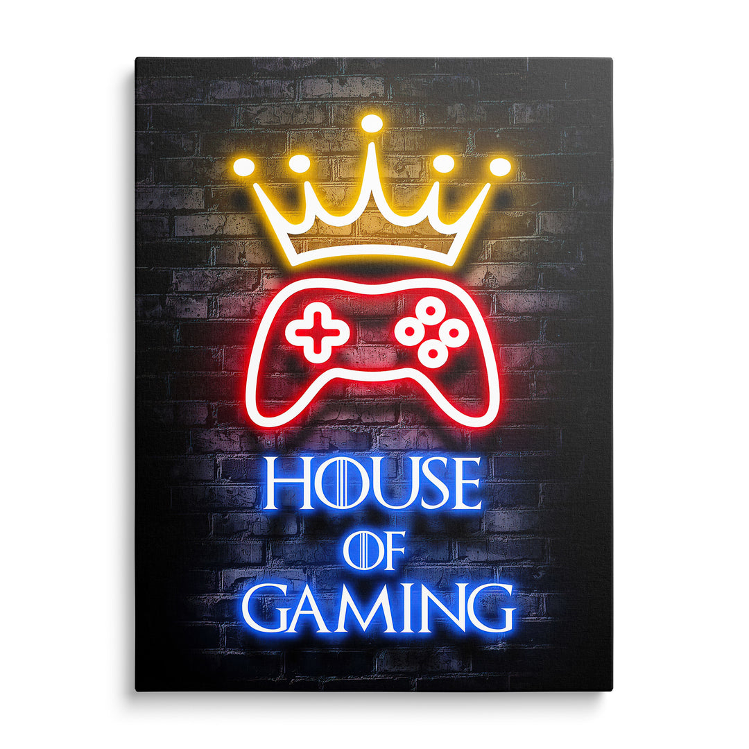 Neonová koruna a ovladač nad nápisem House of Gaming na tmavé zdi