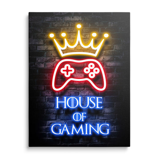 Neonová koruna a ovladač nad nápisem House of Gaming na tmavé zdi