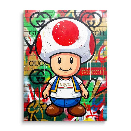 Toad s červenobílým kloboukem před barevnou graffiti zdí