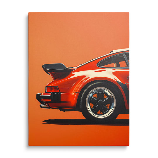 Červené klasické Porsche zezadu na oranžovém pozadí