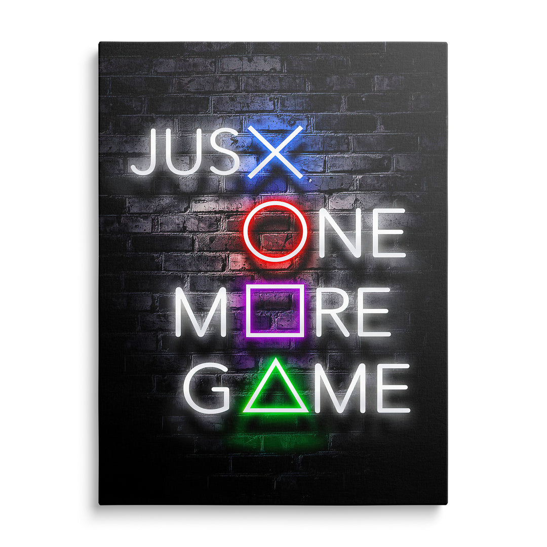 Neonový nápis Just One More Game s barevnými konzolovými symboly