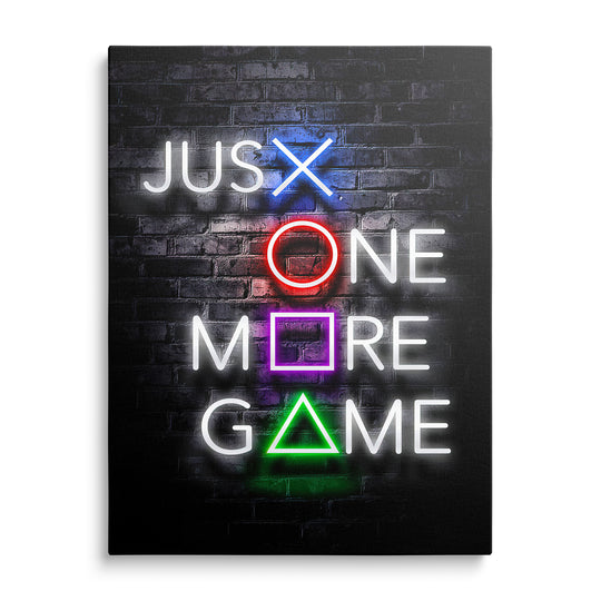 Neonový nápis Just One More Game s barevnými konzolovými symboly