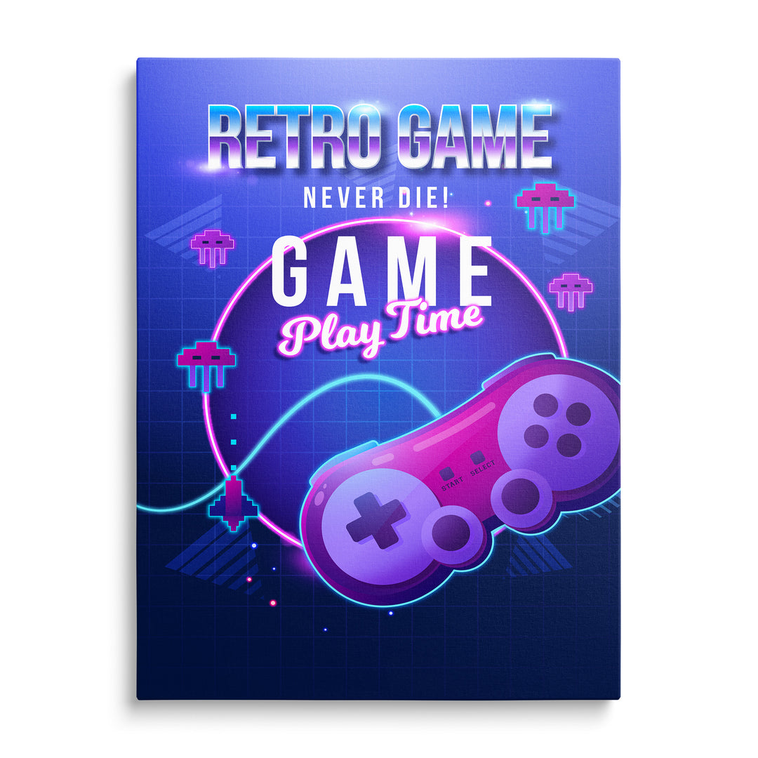 Růžovofialový ovladač s neonovým nápisem Retro Game na modrém pozadí