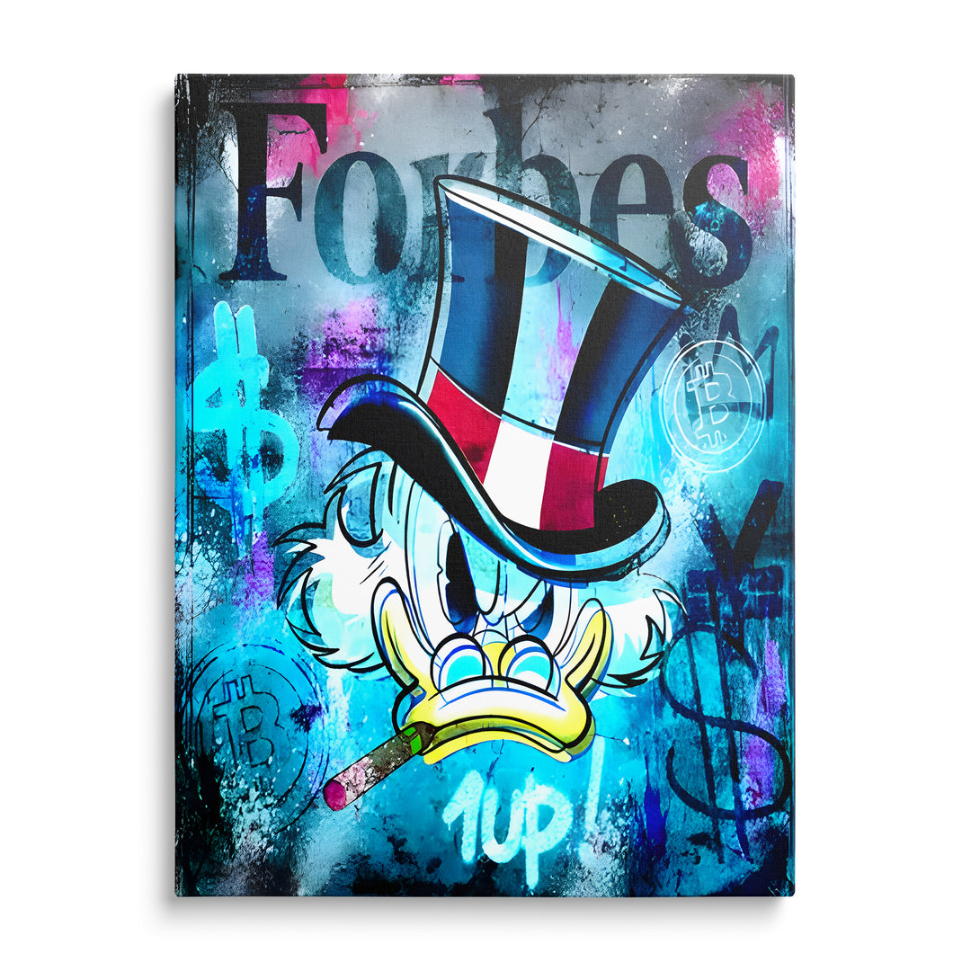 Kačer Skrblík s doutníkem a kloboukem před nápisem Forbes