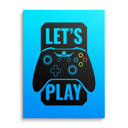 Černý herní ovladač s nápisem Let's Play na modrém pozadí