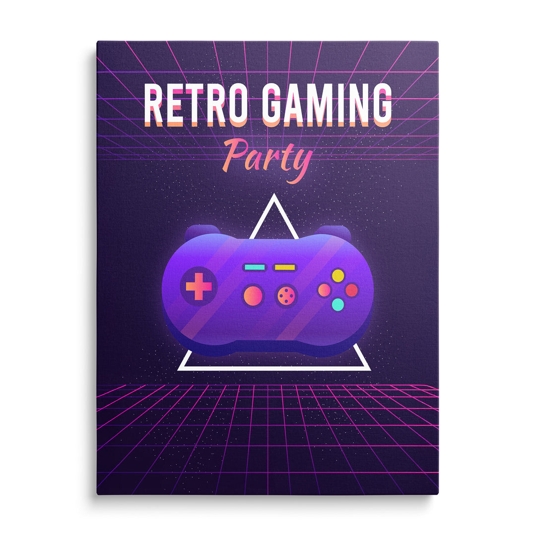 Fialový ovladač a růžová mřížka pod nápisem Retro Gaming Party