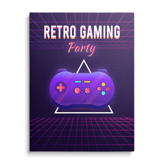 Fialový ovladač a růžová mřížka pod nápisem Retro Gaming Party